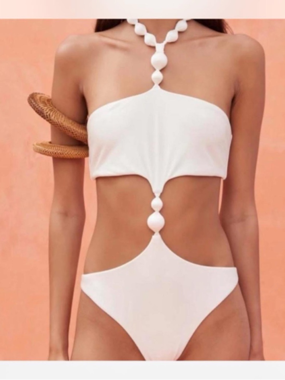 cult gaia White Sculpted Cutout One-Piece Swimsuit with Beaded Links